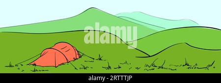 Red tent in green mountain landscape Vector illustration, Outdoor camping long web banner background Stock Vector