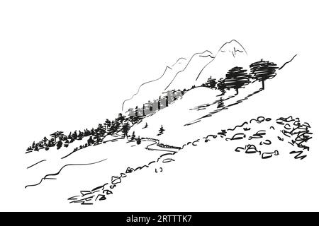 Mountain landscape hand drawn illustration, mountainside with stones, trees in distance, country road and high mountain peaks, Nature vector sketch bl Stock Vector