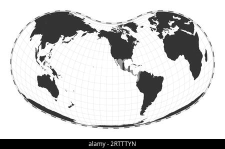 Vector world map. Hill eucyclic projection. Plain world geographical map with latitude and longitude lines. Centered to 120deg E longitude. Vector ill Stock Vector