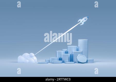 Rocket launch over stack of coins, web banner on blue background. reactive rapid growth of economic indicator. money diagram on investment business gr Stock Photo