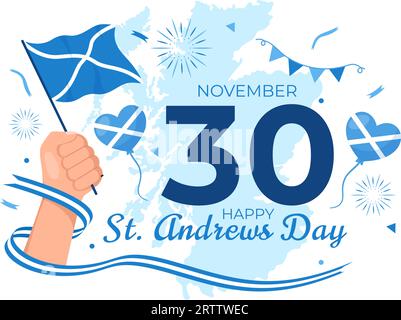 Happy St Andrew Day Vector Illustration on 30 November with Scotland Flag in National Holiday Celebration Flat Cartoon Blue Background Design Stock Vector