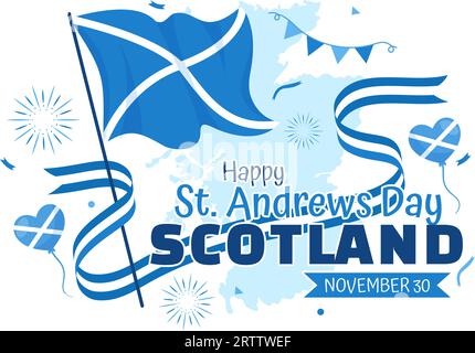 Happy St Andrew Day Vector Illustration on 30 November with Scotland Flag in National Holiday Celebration Flat Cartoon Blue Background Design Stock Vector