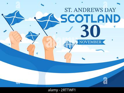 Happy St Andrew Day Vector Illustration on 30 November with Scotland Flag in National Holiday Celebration Flat Cartoon Blue Background Design Stock Vector