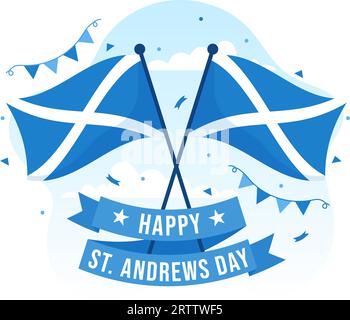 Happy St Andrew Day Vector Illustration on 30 November with Scotland Flag in National Holiday Celebration Flat Cartoon Blue Background Design Stock Vector