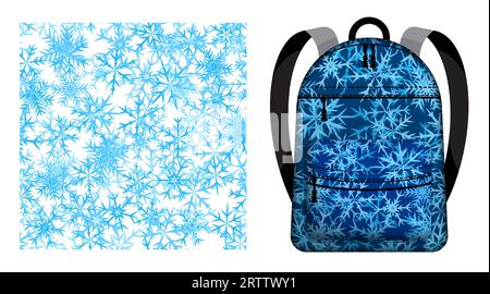 Children school backpack decorated winter snowflakes. Six pointed fluffy snowflakes symbol of winter weather and festive mood. Vector ornament for des Stock Vector