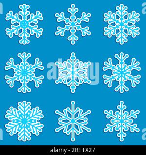 Set of winter snowflakes stickers. Six pointed fluffy snowflakes symbol of winter weather and festive mood. Simple vector icons isolated on blue backg Stock Vector