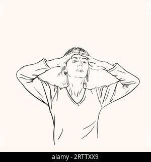 Sketch of young woman has headache holding hands on her head, Hand ...
