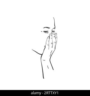 Sketch of coughing woman isolated face covering her mouth with hand, Hand drawn vector linear illustration Stock Vector