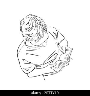 Sketch of man reading book view from above, Hand drawn vector linear illustration Stock Vector