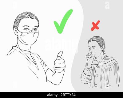 Woman wearing medical mask showing thumb up gesture and coughing woman covering mouth with fist, Coronavirus pandemic prevent illustration, Correct an Stock Vector