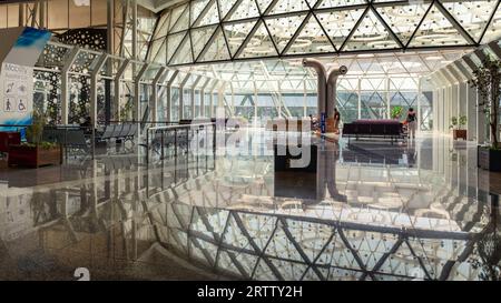 Inside view of departure terminal of international Marrakesh or Marrakech Menara Airport. Transit departure area. Morocco. Stock Photo