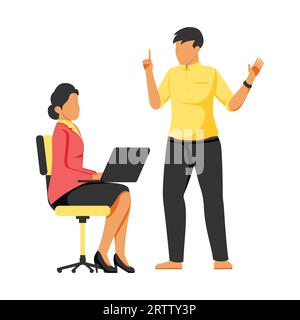 Businessman and businesswoman working in office. Man and woman sitting at desk and discussing something. Vector illustration Stock Vector
