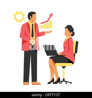 Businessman and businesswoman working on laptop and graph, flat style design vector for business and finance concept Illustration Stock Vector