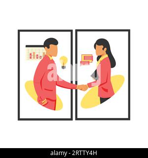 Business people shaking hands. Businessman and businesswoman greeting each other. Vector illustration in flat style. Stock Vector