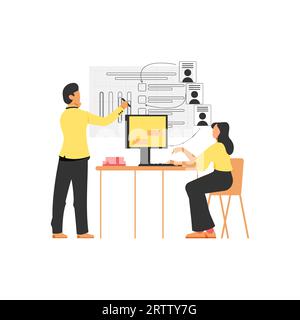 Woman and man sitting at desk and working on computer. business and finance teamwork concept. Vector illustration in flat style Stock Vector