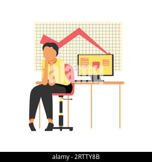 Sad man sitting in front of computer monitor with falling graph. Vector illustration in flat style design for business and finance concept Stock Vector