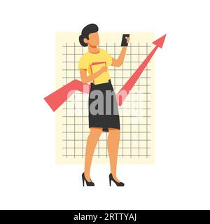 Businesswoman standing with notebook and smartphone or mobile phone. Vector Illustration for business and finance theme concpetual design Stock Vector