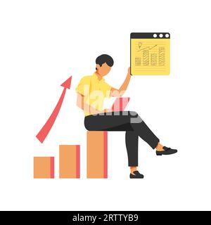 Businessman working on laptop with growth graph. Vector illustration in flat style for business and sales marketing design concept Stock Vector