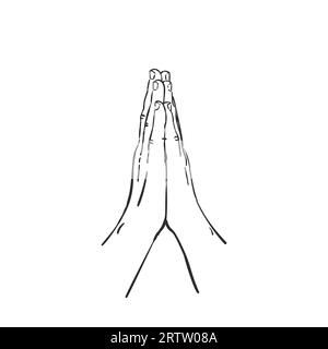 Hand drawn hands in praying position. Isolated vector illustration linear sketch Stock Vector