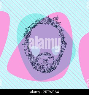 Sketch of man's head with no face, with beard and colored cheeks on aqua menthe and pink color abstract streamlined shapes on diagonal striped square Stock Vector