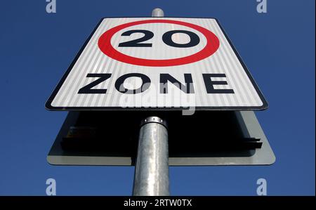 File photo dated 21/04/09 of a general view of a 20mph speed limit sign, as drivers are being warned not to rely on sat navs for the speed limit on Welsh roads when a cut from 30mph to 20mph is imposed from Sunday. Stock Photo