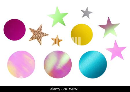 Set of various confetti isolated on white background. Variety confetti as an element for design. Stock Photo