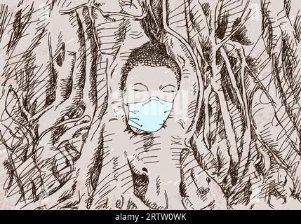 Drawing of Buddha head in medical face mask in tree roots in Ayutthaya, Thailand. Hand drawn illustration Vector sketch Stock Vector