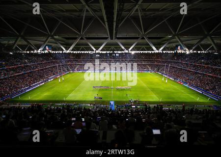 Lille, France. 14th Sep, 2023. General view of national anthem of France during the Rugby World Cup match between France and Uruguay at Stade Pierre Mauroy on September 14, 2023 in Lille, France. Photo by Baptiste Paquot/ABACAPRESS.COM Credit: Abaca Press/Alamy Live News Stock Photo
