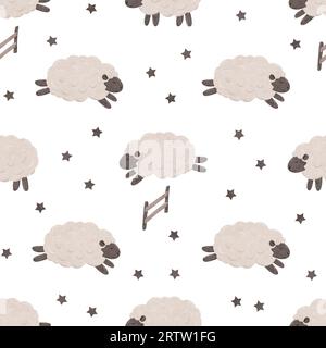 Seamless pattern with Cute cartoon baby Sheep jumping over the fence. Good night. Counting sheep for insomnia. Endless background in scandinavian Stock Photo