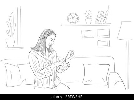 Woman using tablet and smile, sitting on sofa in comfortable relaxing home atmosphere, self isolation at coronavirus quarantine time, Hand drawn linea Stock Vector