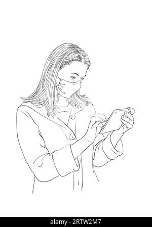 Sketch of woman wearing medical face mask and using tablet, coronavirus prevention, Hand drawn vector illustration Stock Vector