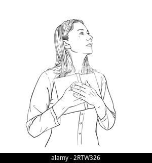 Young woman presses open book to herself with both hands, looks sideways up, vector sketch, hand drawn linear illustration isolated Stock Vector