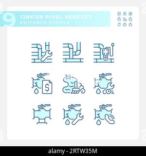 Set of editable pixel perfect blue plumbing icons Stock Vector