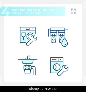 Pixel perfect blue plumbing line icons set Stock Vector