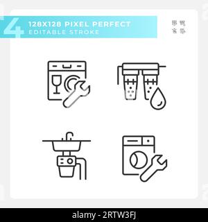 Pixel perfect black plumbing line icons set Stock Vector