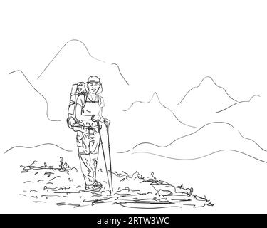 Drawing of girl backpacker hiking in mountains enjoying scenery, Vector ...