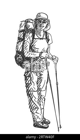Drawing of girl backpacker hiking in mountains enjoying scenery, Vector ...
