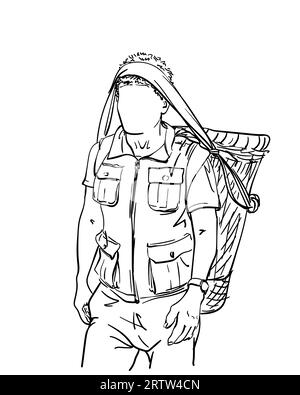 Nepali porter carrying basket on head in traditional way and wearing expedition vest with many pockets, Man with no face, Vector sketch Hand drawn lin Stock Vector