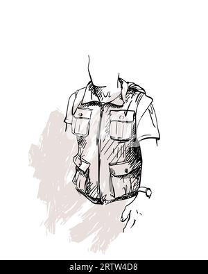 Drawing of expedition vest with many pockets on young man with no face, Vector sketch Isolated hand drawn Stock Vector