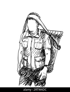 Nepali porter carrying basket on head in traditional way and wearing expedition vest with many pockets, Man with no face, Vector sketch Hand drawn ill Stock Vector