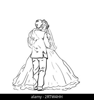 Drawing of bride and groom standing face to face, Young wedding couple enjoying romantic moments. Vector sketch Hand drawn linear illustration Stock Vector