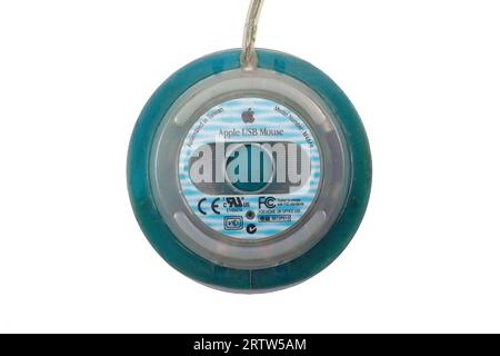 underside of vintage bondi blue apple usb circular puck mouse from first imac model Stock Photo