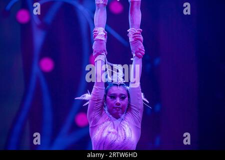 Aerial trapeze circus artists from China Liu Xinqi and Xu Yangqian (Chinese Huanggang Hishui Circus Troupe) at the arena of the I International Festival of the Nikulin's Moscow Circus on Tsvetnoy Boulevard 'Artist' in Moscow, Russia Stock Photo