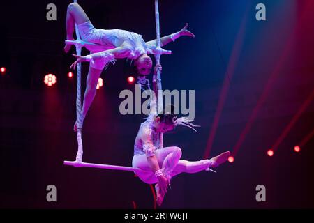 Aerial trapeze circus artists from China Liu Xinqi and Xu Yangqian (Chinese Huanggang Hishui Circus Troupe) at the arena of the I International Festival of the Nikulin's Moscow Circus on Tsvetnoy Boulevard 'Artist' in Moscow, Russia Stock Photo