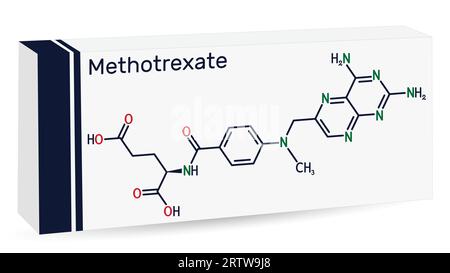 Methotrexate, MTX molecule. It is antineoplastic drug, used the treatment of cancer, psoriasis, rheumatoid arthritis. Skeletal chemical formula. Paper Stock Vector