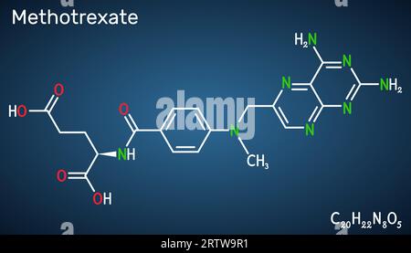 Methotrexate, MTX molecule. It is antineoplastic drug, used the treatment of cancer, psoriasis, rheumatoid arthritis. Structural chemical formula on t Stock Vector