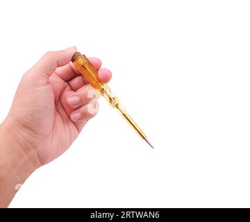 Electrical technician hand holding a test pencil. Low voltage tester in hand isolated on white background. Electronic tool concept Stock Photo
