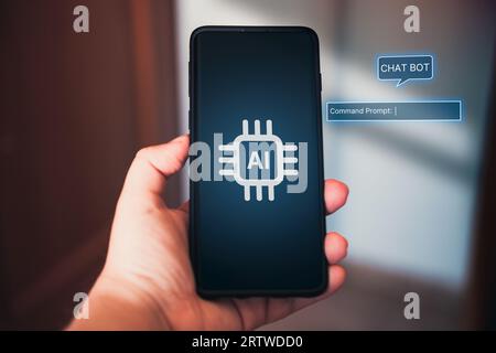 Woman showing smartphone while using an AI chatbot. Command prompt AI concept. Artificial Intelligence. Futuristic technology transformation. Stock Photo