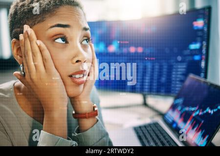 Programmer, stress and woman with computer screen, headache and burnout with mental health. Person, employee and coder with laptop, investor and Stock Photo