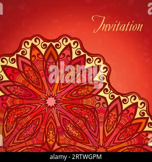 Colored Half mandala on red background, Template for design, Invitation card Stock Vector